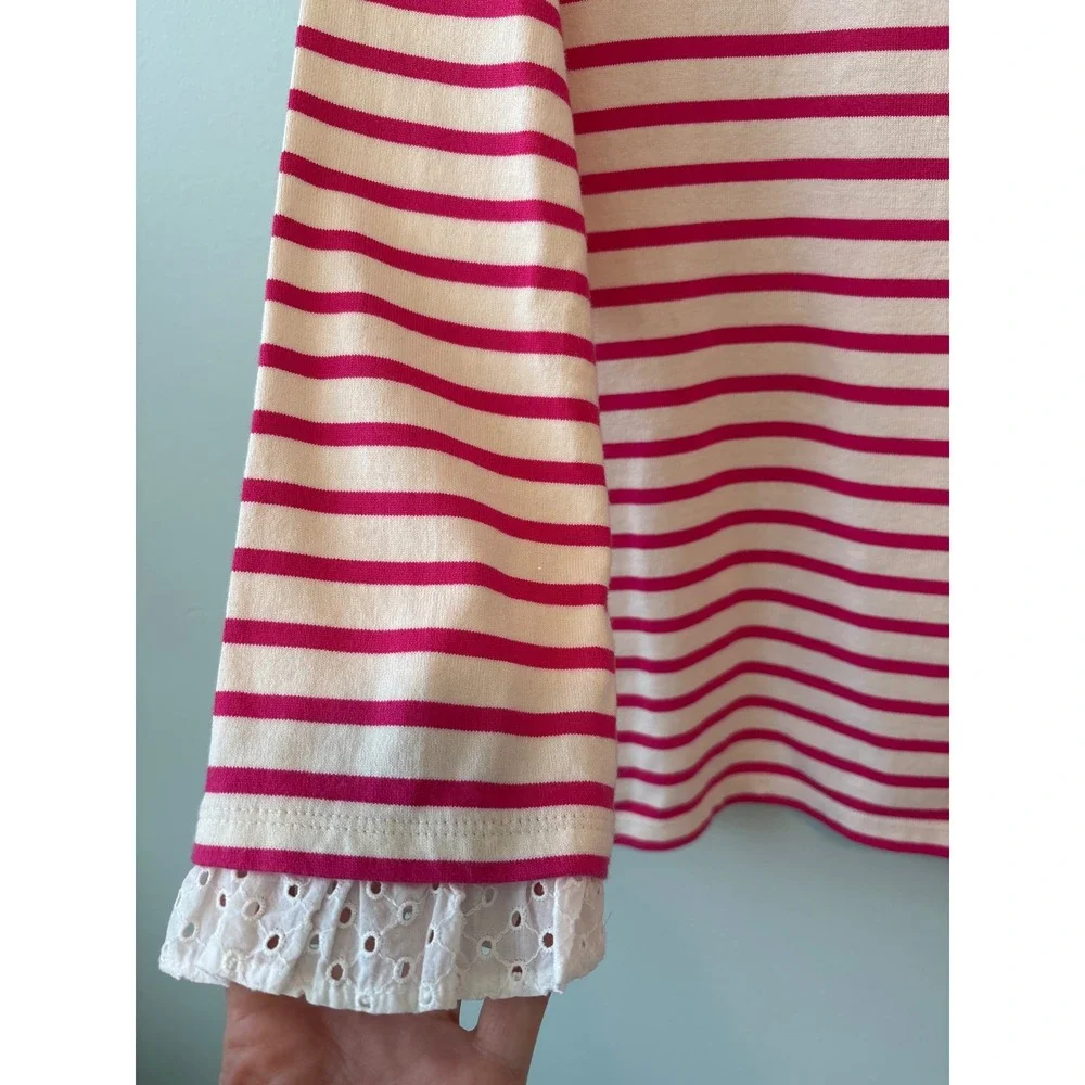 Talbots Pink Cream Striped‎ Mock Neck Valentine's Top Heart Patch Eyelet Trim LP - Picture 3 of 12